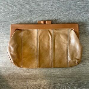 Vintage Tan Genuine Leather Clutch Purse With Faux Wood Clasp